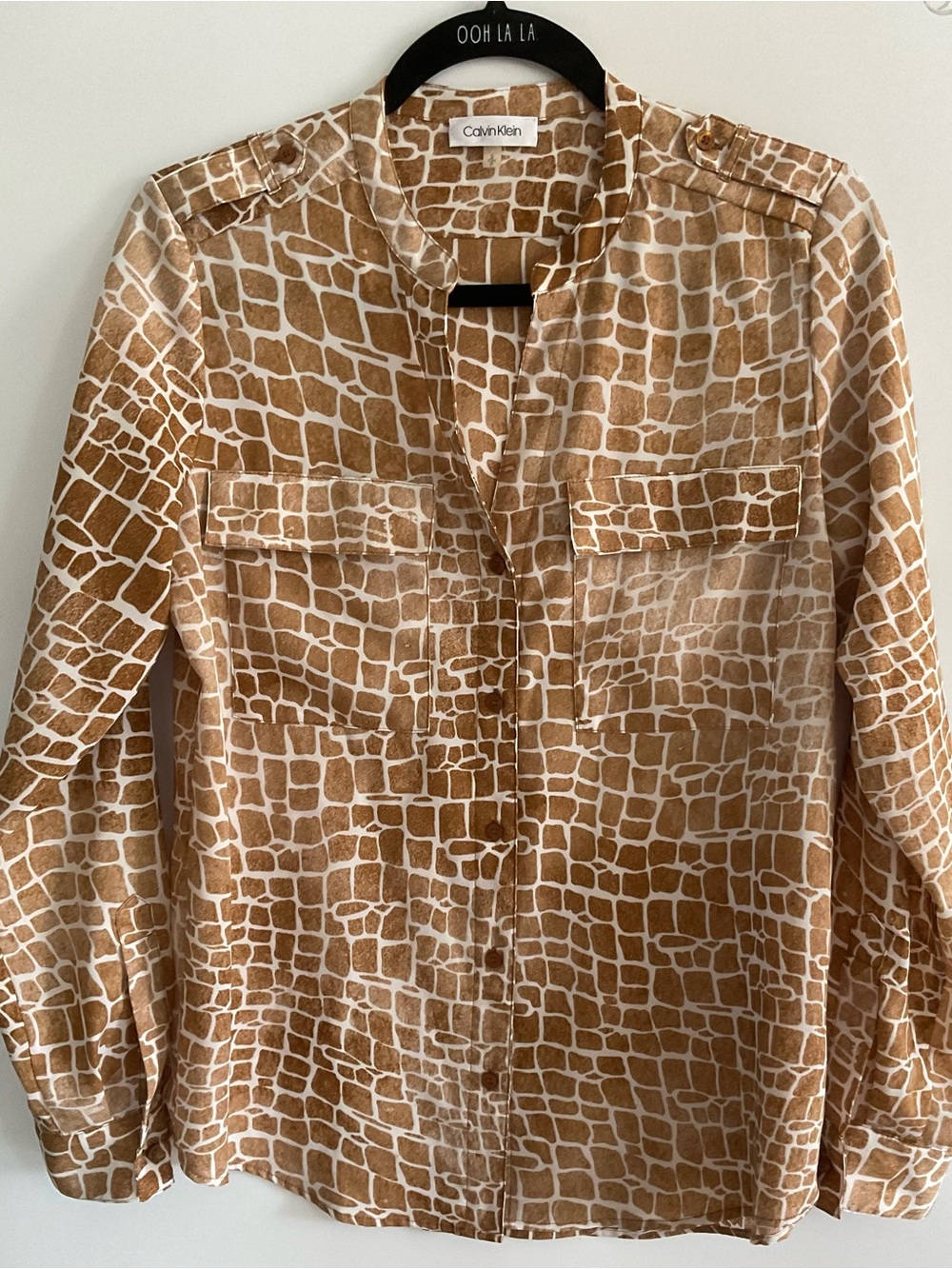 Calvin Klein Tan and White Geometric Print Button-Down Shirt